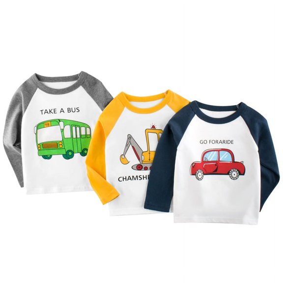 Bellafa 3-Pack Set Excavator/Bus Graphic T-shirt For 2-8 Years Little Boys Long Sleeve Cotton Tops Tee Shirt Crew Neck Chritmas Shirts