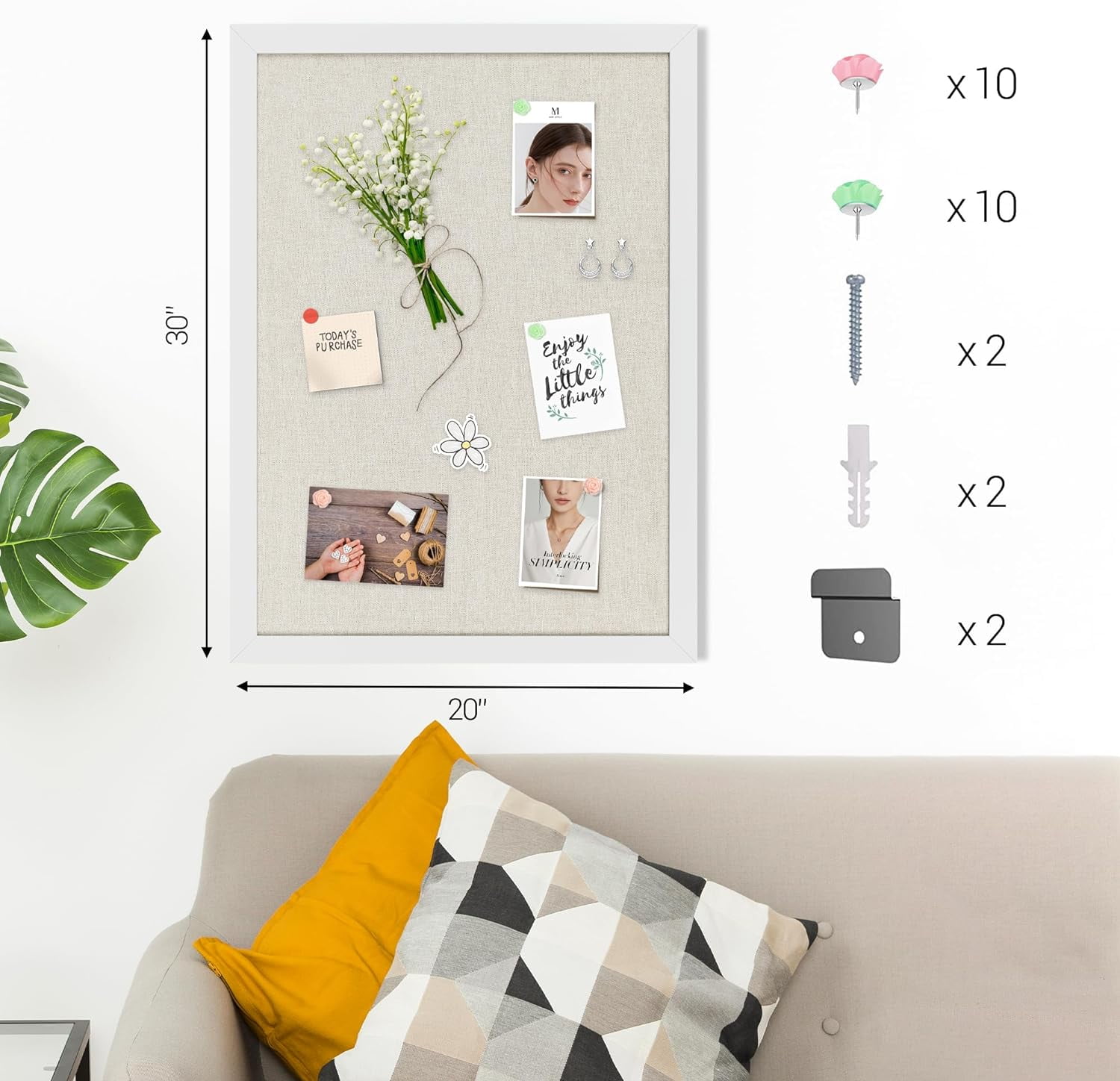 White Cork Board Bulletin Board with Linen, Wood Framed 30" x 20" Corkboard, Office Board for Wall Decor, Wall Mounted Pin Board Picture Board with 20 Pushpins for School, Home & Office