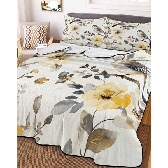 Yellow Grey Botanical King Size Down Alternative Comforter,Lightweight Comforter Quilt Bedding Set with Pillow Shams Spring Floral Summer Birds Vintage All Seasons Bed Comforter Duvet Insert 96"x106"