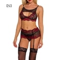 thumbnail image 1 of Conjunto de lencería sexy de encaje para mujer, ropa interior de malla hueca, sujetador, ropa de dormir, rojo vino, S Vogacara XX000092-02, 1 of 7