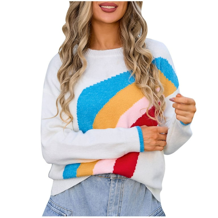 open lace back dress Rainbow Sweater Dress Long Sleeve Knit Kawaii Fashion Bright Rainbow Colors / M