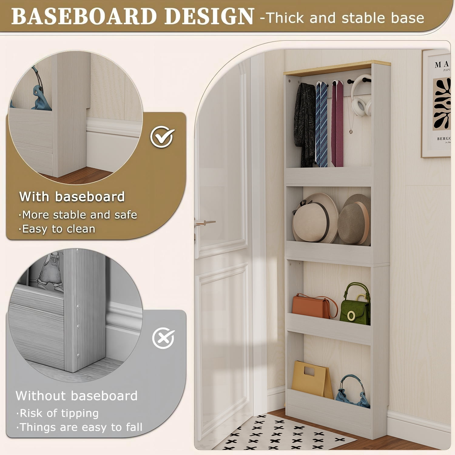 Mintazer Slim Behind Door Storage Bookshelf, 4 Tier Narrow Display Rack with 5 Hooks, Freestanding Organizer Cabinet for Entryway Living Room Bedroom, White