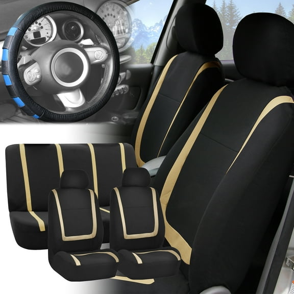 FH Group Car Seat Covers Beige Black Full Set for Auto w/Blue Leather Steering Cover