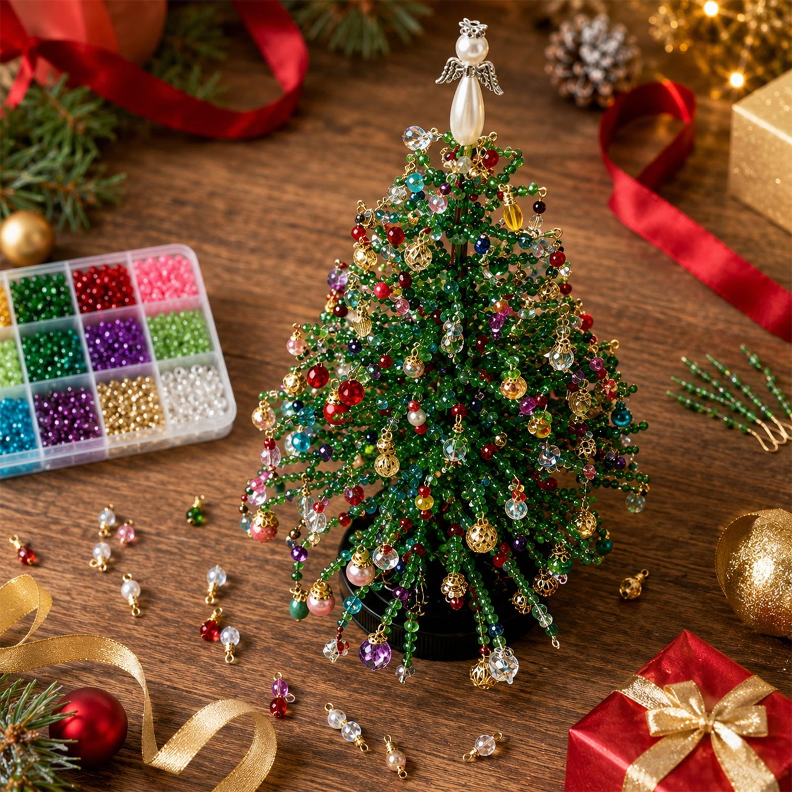 50% off DIY Beaded Christmas Tree Kit, Build Your Own Warm Glow Tabletop Mini Tree, All-Inclusive Handmade Beading Kit for Indoor Desktop