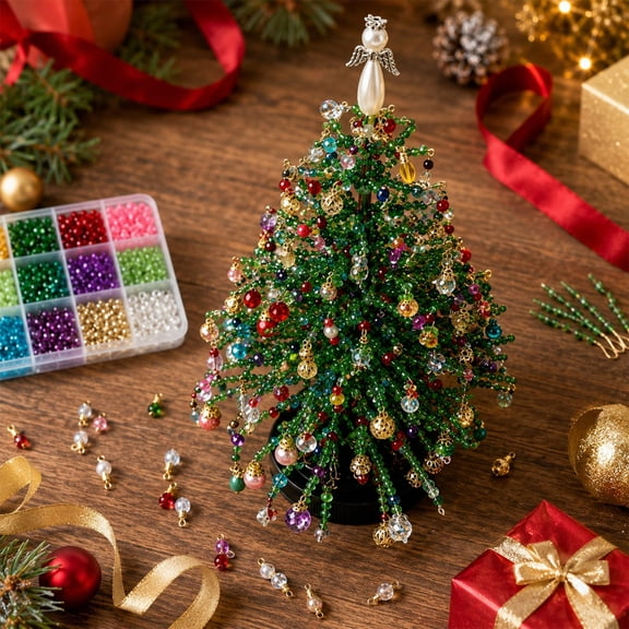 Handmade Bead Christmas Tree Ornament DIY Craft Kit, Desktop Small Xmas Tree Decor Supplies for Holiday Table Display