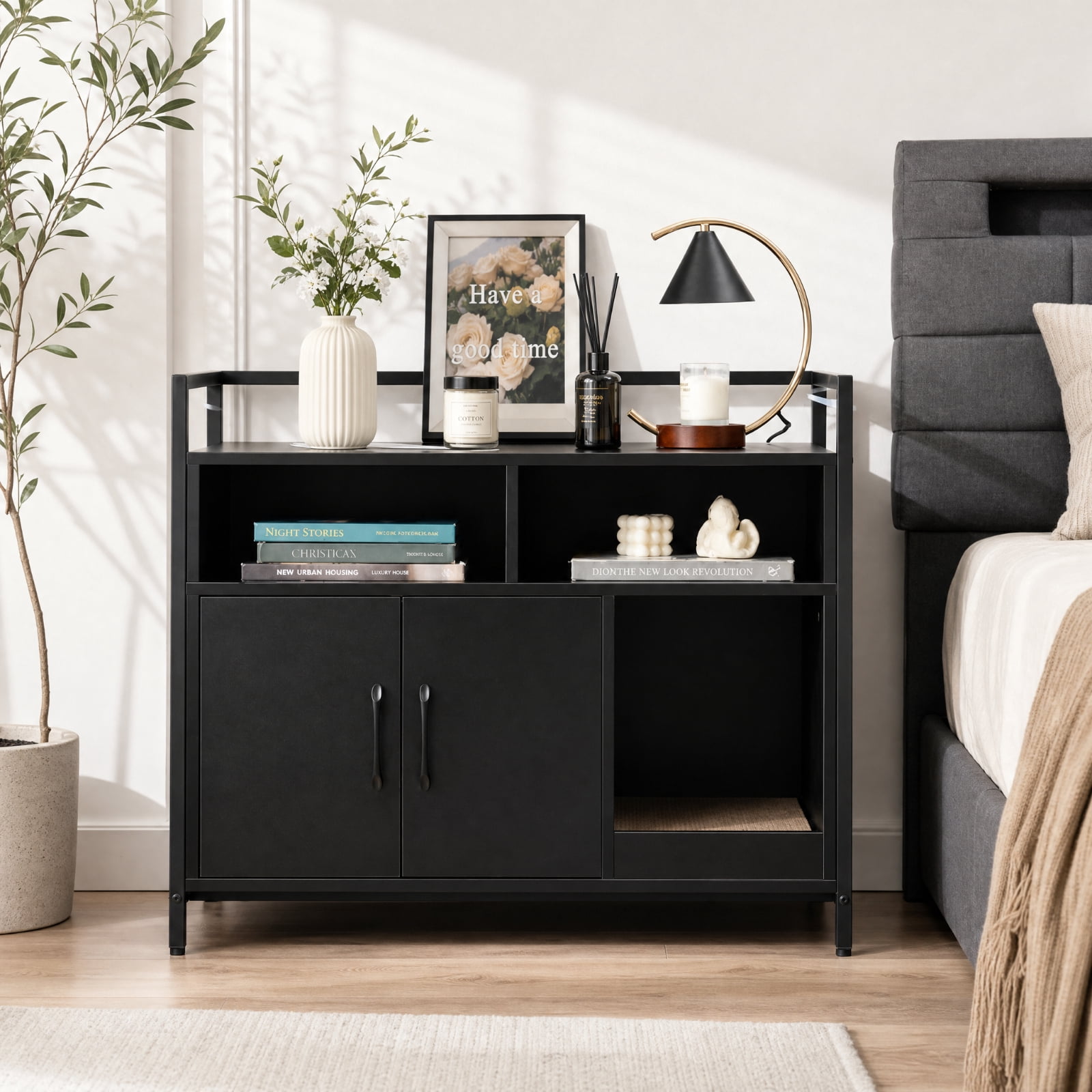 SUGIFT Hidden Cat Litter Box Furniture with Double Doors, Enclosed Cat Washroom Side Table Cabinet with Scratch Cardboard, Black