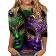 thumbnail image 2 of DPTALR Mardi Gras Women's Casual Print Crew Neck Three-Quarter Sleeve Loose T-Shirt,Green,Size XXL, 2 of 6
