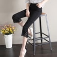 thumbnail image 6 of ZenCart Women Cropped Pants Solid Color High Elastic Summer Flared Pants Lace Stitching Trim Tight Leggings with Pockets, 6 of 8