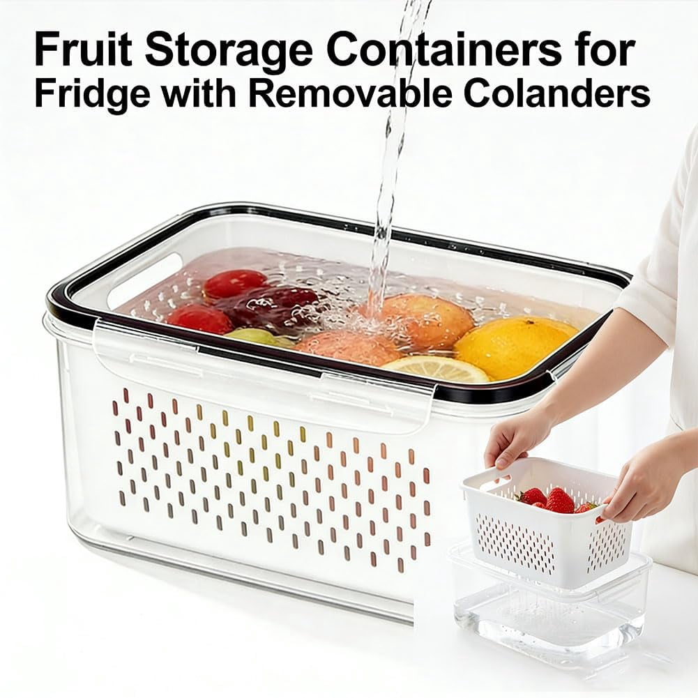4-in-1 Food Storage Containers for Fridge with Removable Colanders, Transparent Plastic Produce Keeper with Drain Basket, Stackable Vegetable Fruit Containers