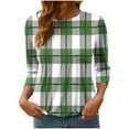 thumbnail image 2 of EchfiProm 3/4 Sleeve Fall Shirts for Women Green Plaid Pullover Crew Neck Fall Loose Fit Blouse, 2 of 7