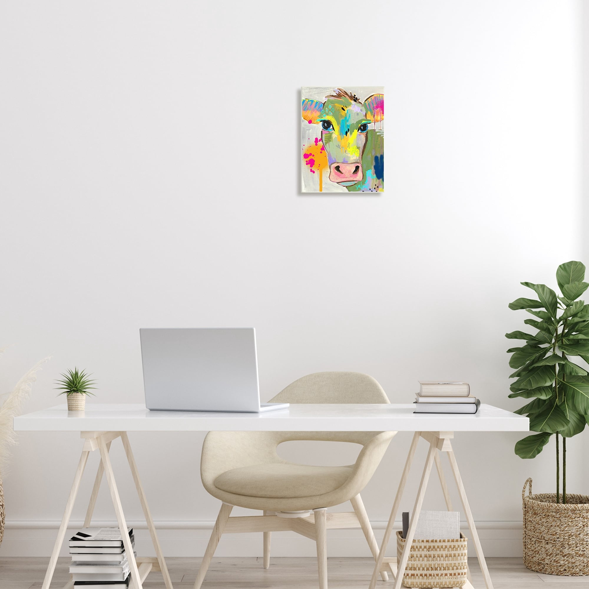 Stupell Industries Modern Paint Splatter Cow Cattle Vivid Design Wood Wall Art, 10 x 15, Design by Valerie Wieners