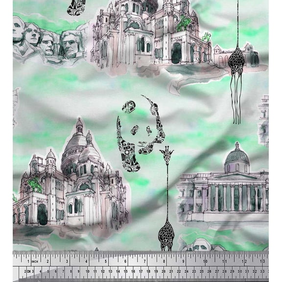Soimoi Green Crepe Silk Fabric Giraffe,Human Face & Ancient Place Architectural Print Fabric by The Yard 42 Inch Wide