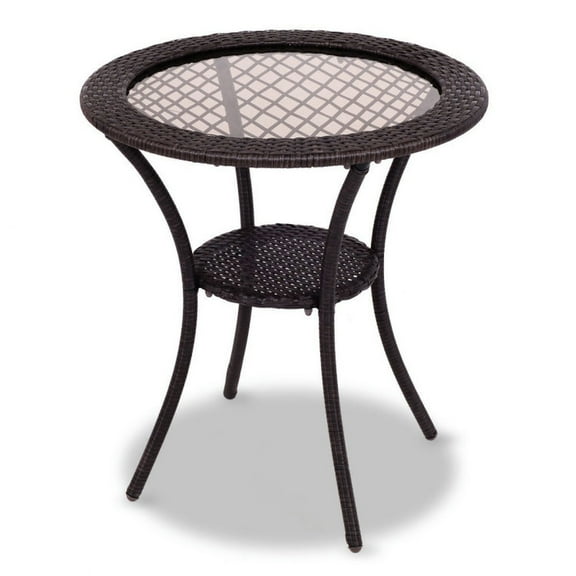 Spaco Round Rattan Wicker Coffee Table with Lower Shelf, Round Table with Solid Structure, Table with Removable Tempered Glass, Rattan Wicker Table for Outdoor, Brown