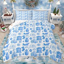 Homewish Merry Christmas 3 Pieces Queen Comforter Set for Female Men Teens,Blue White Ultra Soft Bedding Sets,Xmas Festival Bedding Comforter Set Breathable,Super Cozy Room Decor,Reversible