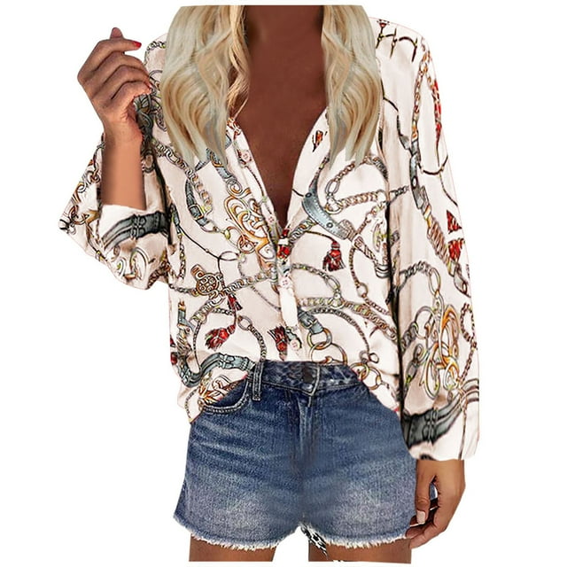 Blusa informal de manga larga con cuello redondo y estampado de moda cómoda para mujer Pompotops FGAJ8530