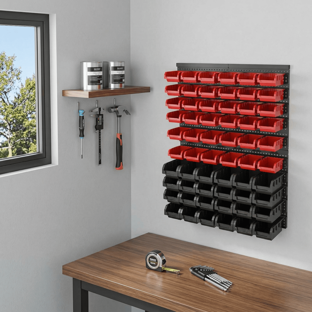 Wall Mounted Storage Bins 60PCS, Garage Parts Organizer System with 36 Red & 24 Black Bins, Pegboard Bolt & Screw Organizer, Plastic Tool Storage Bins for Hardware, Workshop, Small Parts