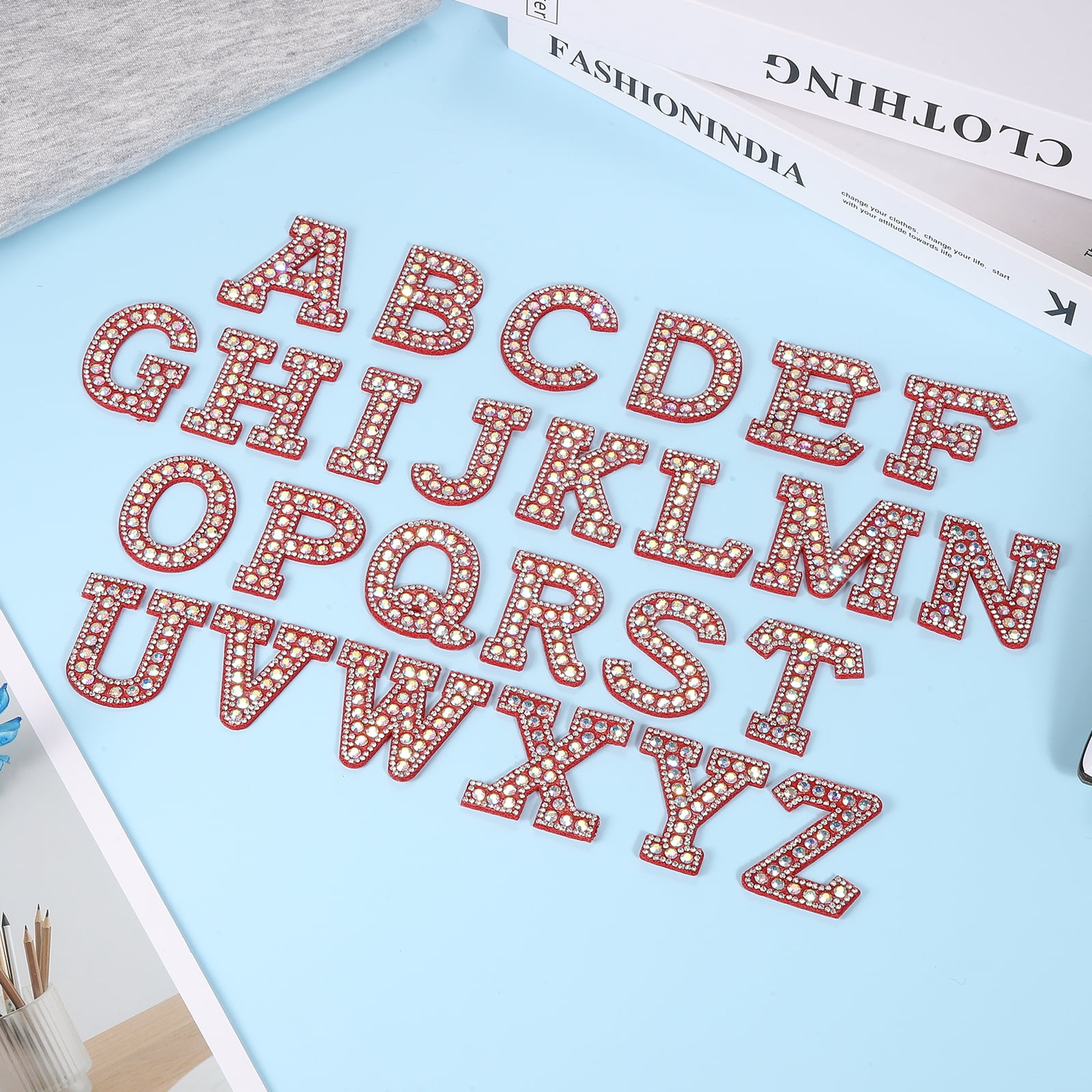 Uxcell 26pcs Letter Iron on Patch Decorative A-Z, Red Glitter Pearl Alphabet Applique Rhinestone English Letter for DIY Clothing Repair Hat Bag