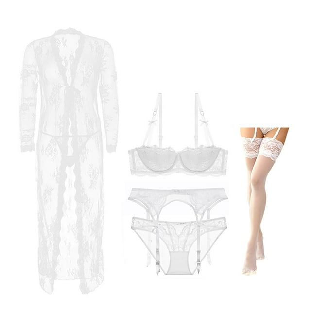 Varsbaby Women's Push Up Lace Lingerie Set with Bra, Panties, Garter, Stocking, Robe, and Thong, 6 pcs