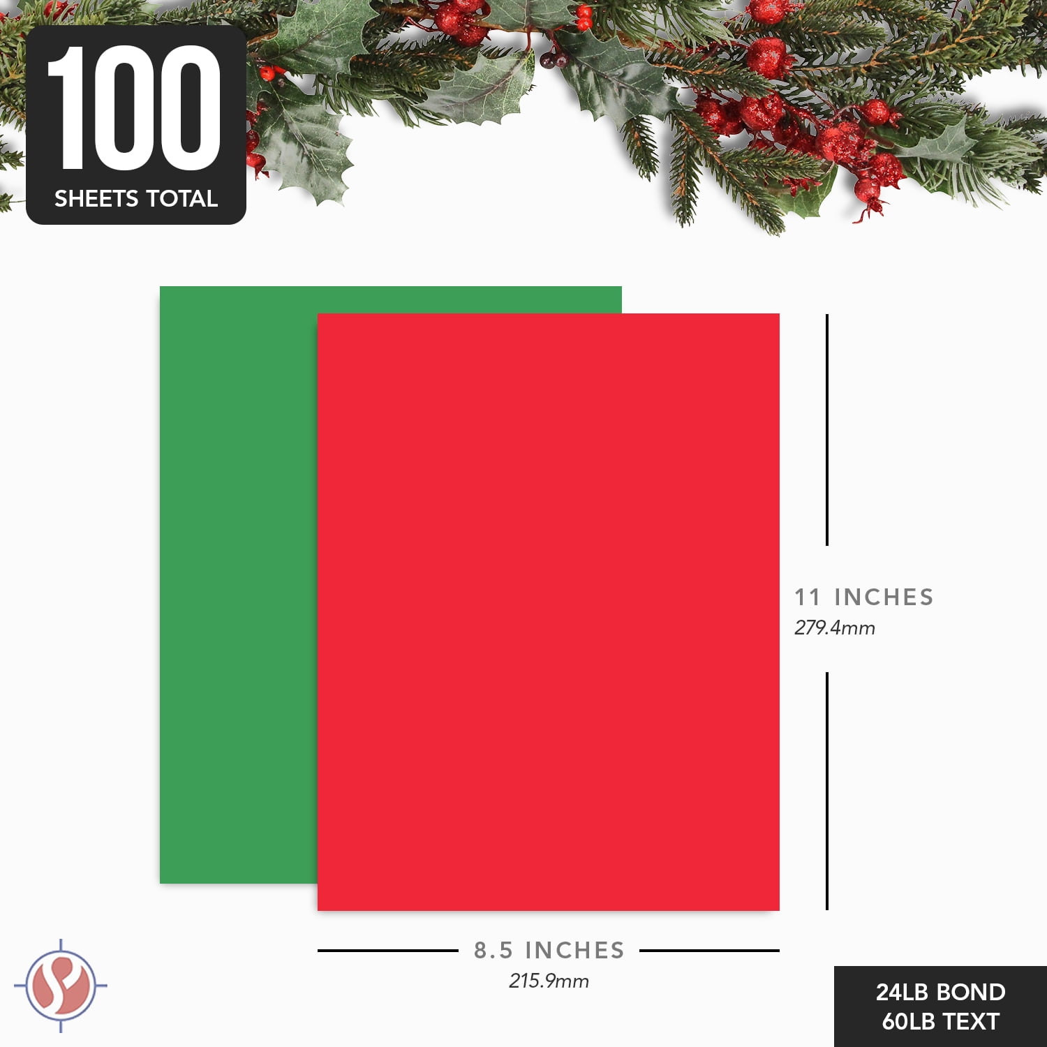 Holiday Colored Paper – Perfect for Christmas and New Year's Arts and Crafts, Party Invitations and Announcements | 24lb Bond, 60lb Text (90GSM) | 8.5 x 11" | 50 Red and 50 Green (100 Sheets Total)