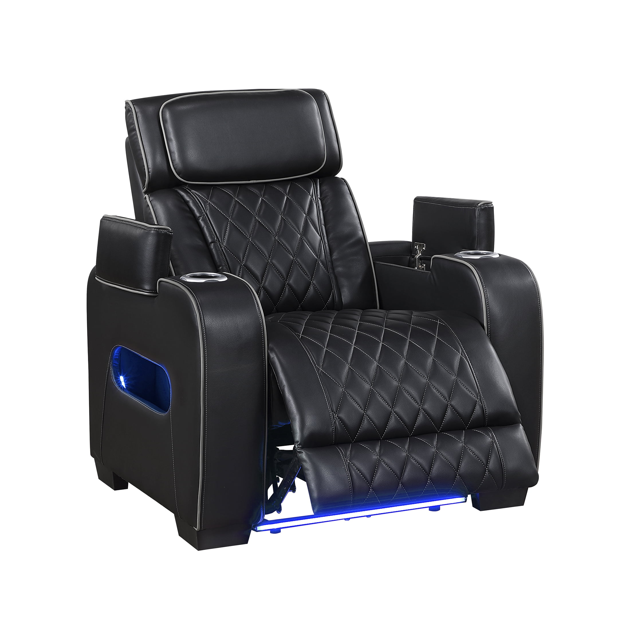 OakvillePark Rowanford Faux Leather Power Reclining Chair with Power Headrest, Cup Holders and Storage Arms(Top and Side), Charging Ports and LED Lighting, Black