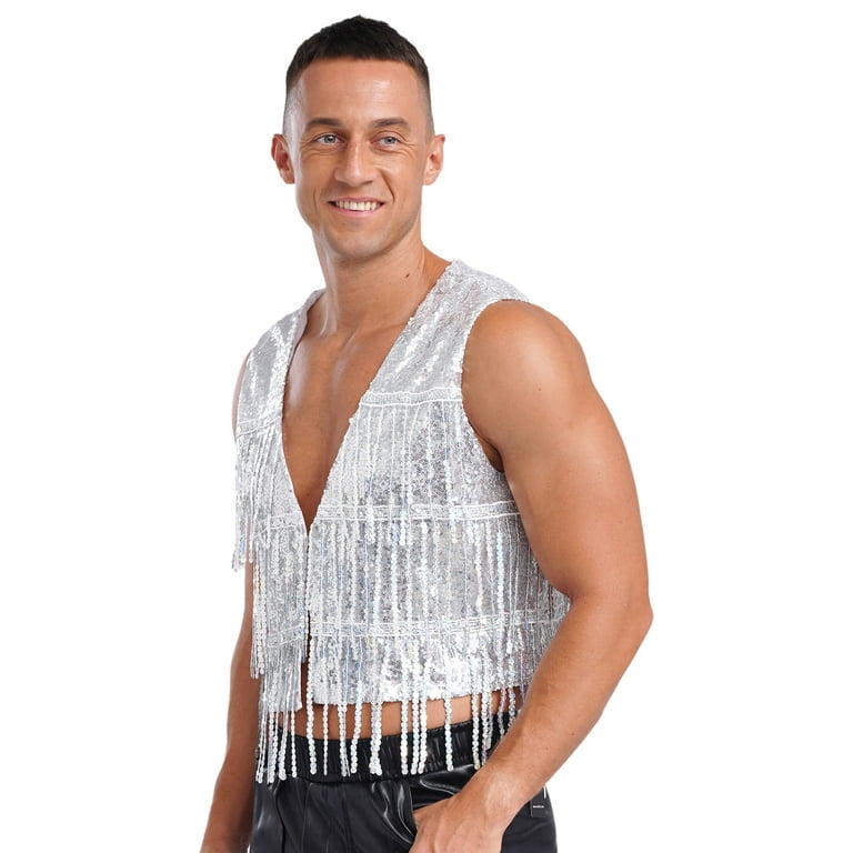 Mufeng Men's Shiny Sequin Tassel Vest Top Glitter V Neck