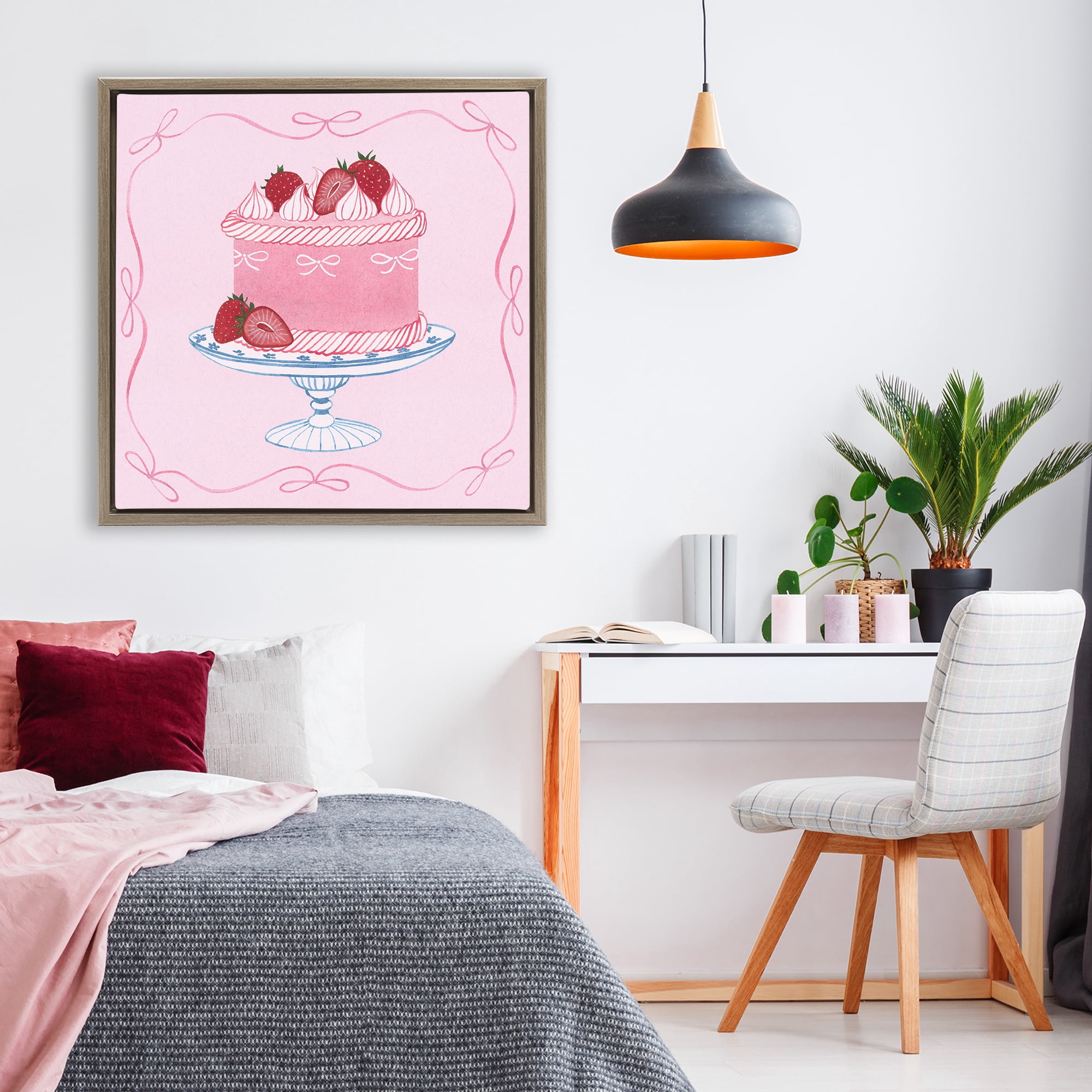 Stupell Industries Pink Strawberry Cake Brown Framed Floater Canvas Wall Art, design by Grace Popp
