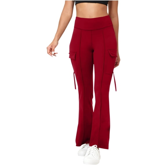 Bibifish Womens Yoga Flare Pants High Waisted Solid Cargo Pockets Stretch Workout Athletic Wear