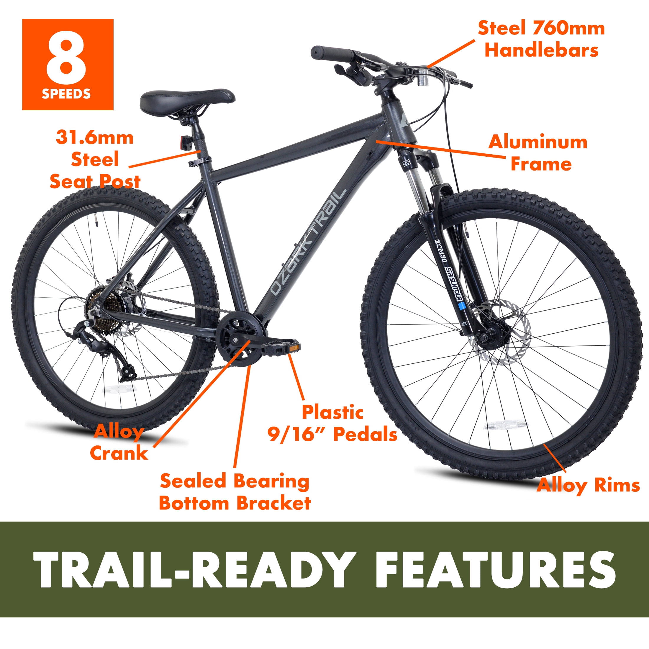 27.5" Ozark Trail Timber Mountain Bicycle, Large Frame, Fits Riders 5'9" - 6'2", Black, Adult, Unisex