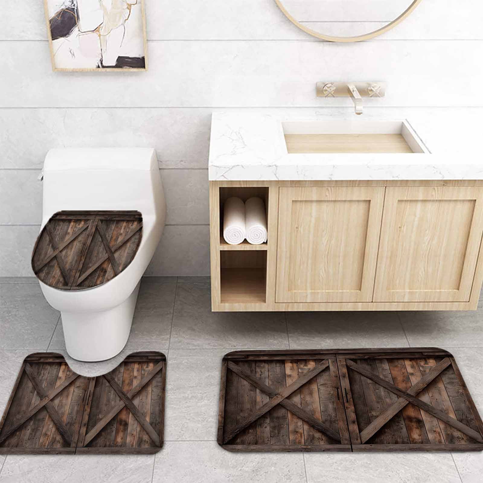 Farmhouse 4PCS Shower Curtains Set with Toilet Lid Cover Non-Slip Rugs, Brown Country Style Barn Door Distressed Wood Grain Waterproof Shower Curtain Set for Bathroom with 9 Hooks 36x72 In