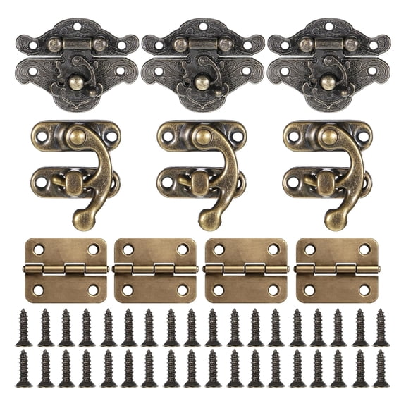 Antique Finish Metal Hinge and Lock Set with Miniature Hinges & Screws Simple Installation for Jewelry Box Woodworking