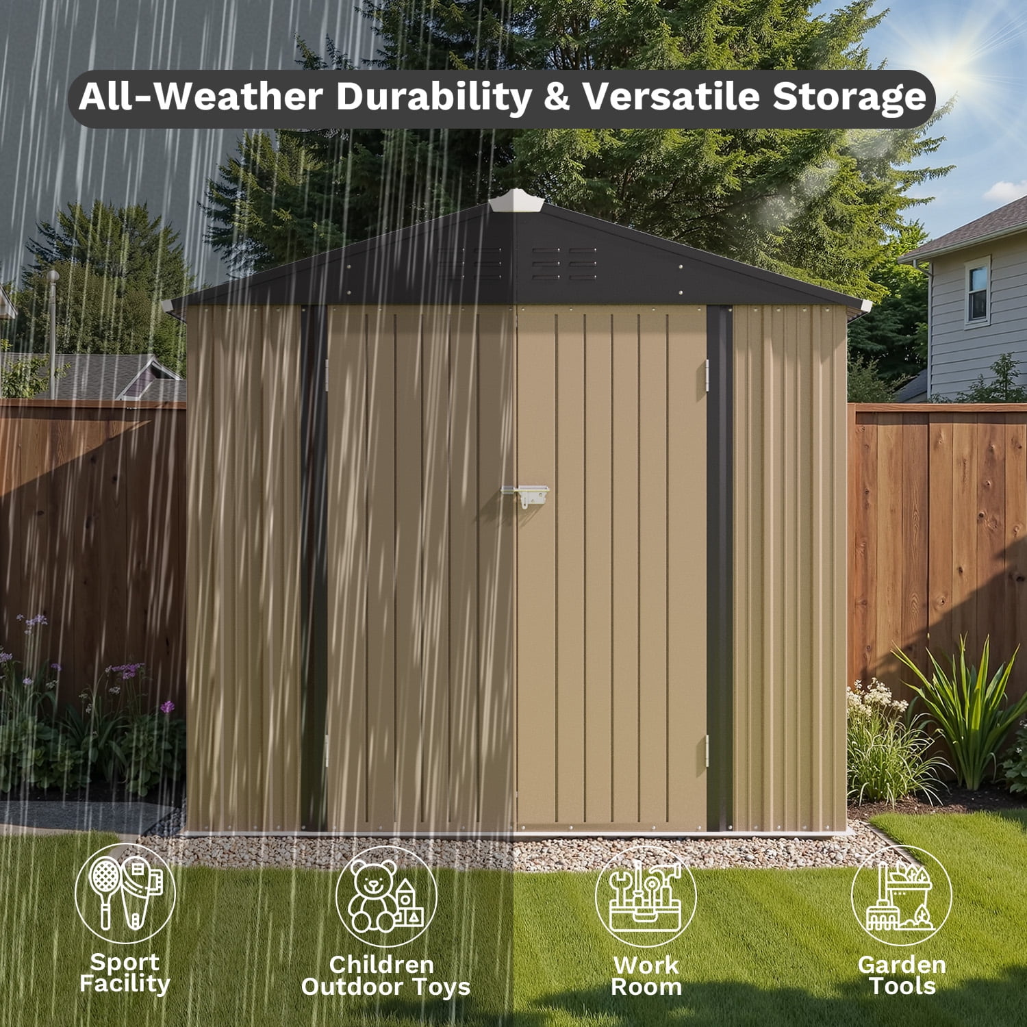 Homall 8' x 6' Mental Outdoor Storage Shed with Sloping Roof and Lockable Door, Outdoor Tool Storage Shed for Garden, Brown