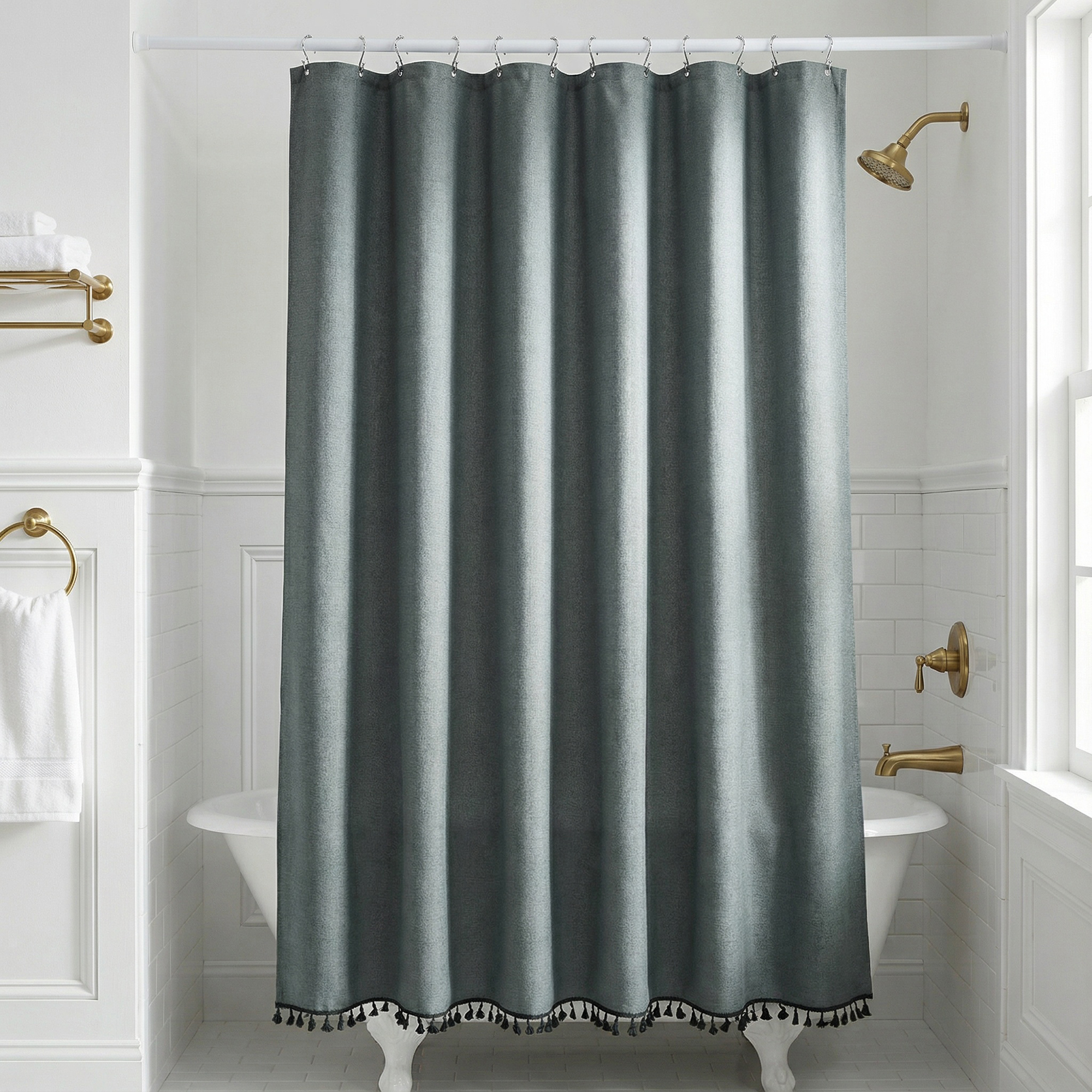 Unique Bargains Solid Trimmed Shower Curtain Sets with 12 Hooks Green 71"W x 71"L