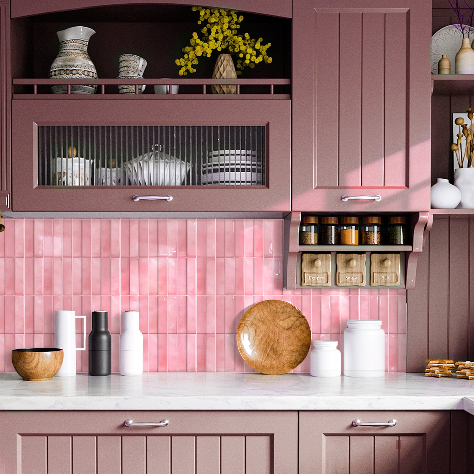 DEWOO 10 Sheet Thicker Peel and Stick Backsplash Tile,3D Self Adhesive Wall Tiles Stick on Backsplash for Kitchen,Bathroom,Camper (12"×12",Pink)
