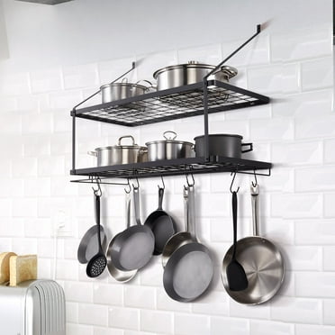 KFFKFF Pot Rack Wall Mounted 30 inch Pot and Pan Hanging Rack, Pot and Pan Hanger with 12 S Hooks 55 lbs