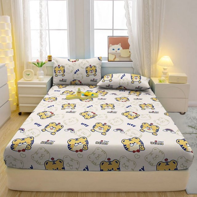 1 Cartoon Fun Animal Printed Matte Fitted Sheet, Bedroom Printed Bed Cover, Bedding (Excluding Pillowcases)