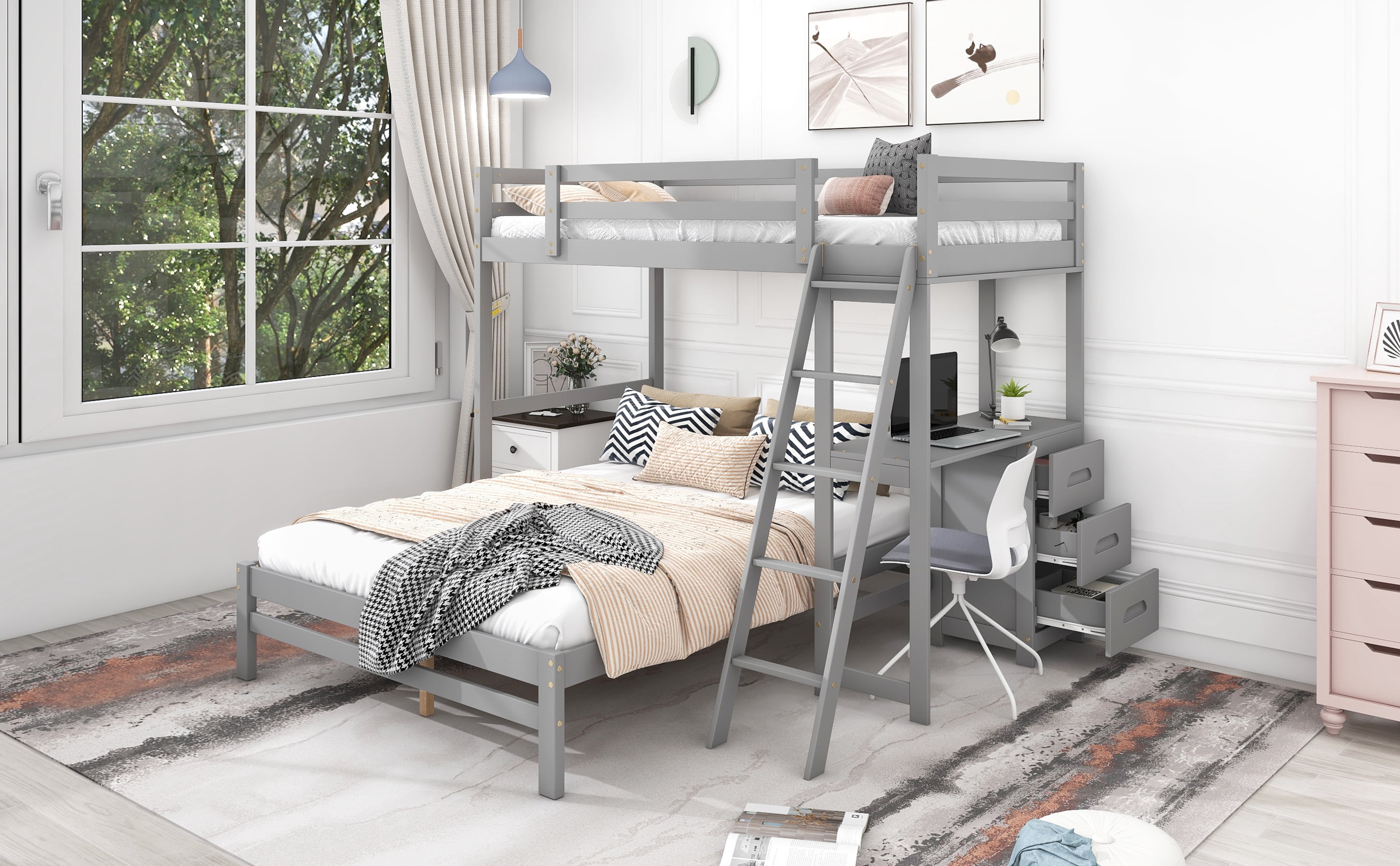 EUROCO Twin over Full Bunk Bed with Desk and Drawers for Kids Teens Room, Gray