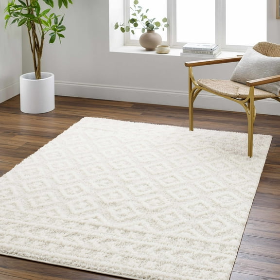 Hauteloom Tilos Moroccan Farmhouse Living Room Bedroom Nursery Shag Area Rug - Shaggy Carpet - Trellis Pattern - High Plush Pile - Cream, Pink, Beige - 7'10" x 10'