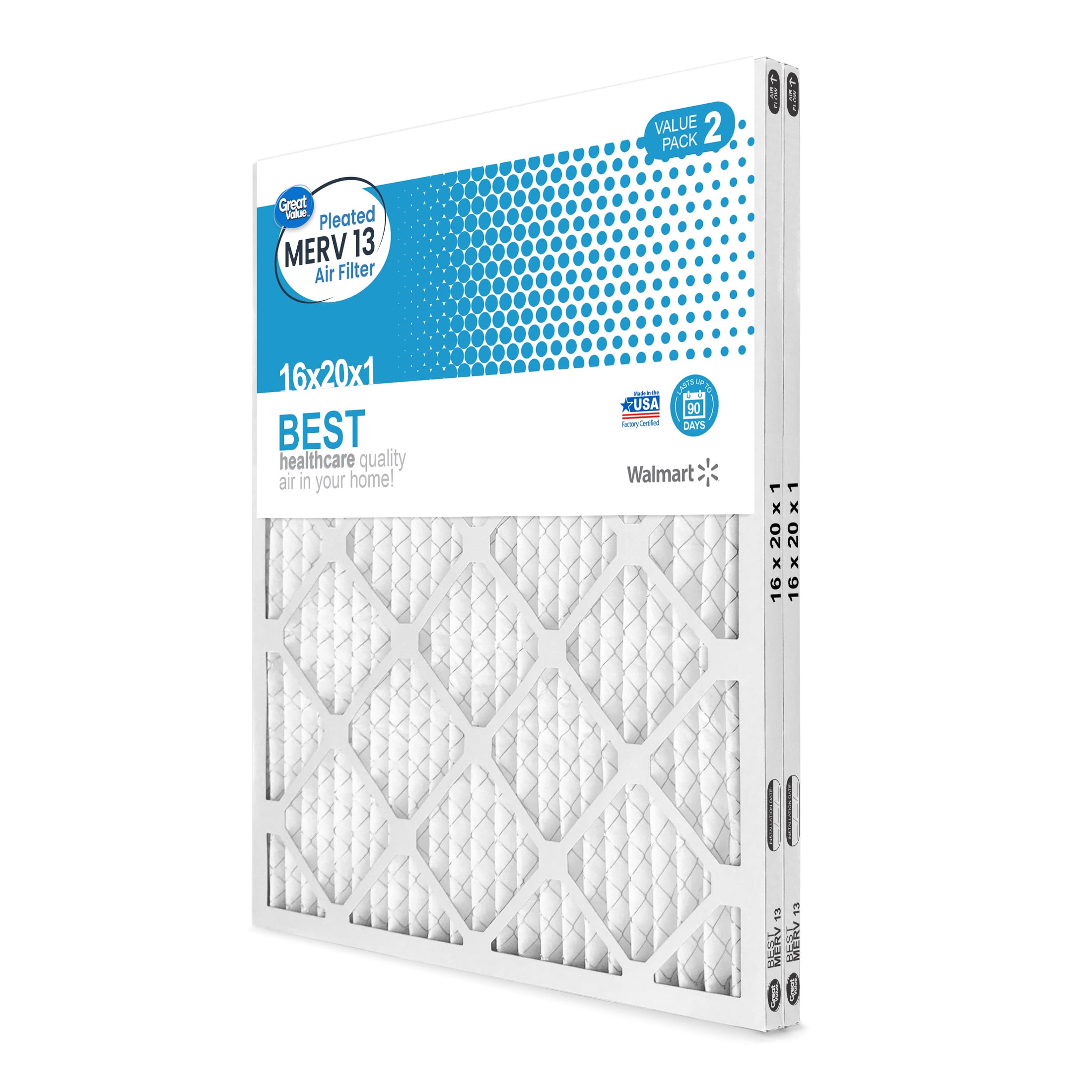 Great Value; 16x20x1; MERV 13 BEST HVAC Air and Furnace Filter; Improves Indoor Air Quality; 2 Filters