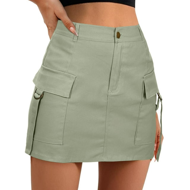 Aayomet Jupes d'Hiver pour Femmes Jupe Cargo Mini à Boutons avec Poche Jupe Trapèze (Vert, TG)