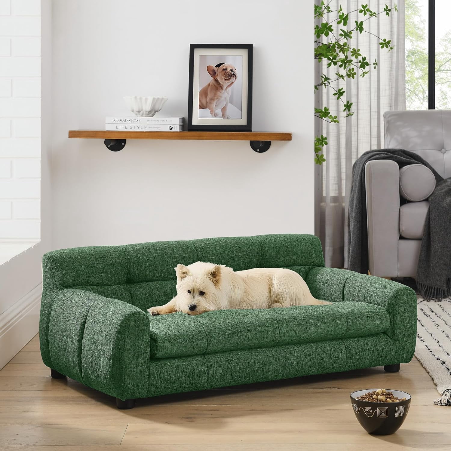 38" Dog Sofa Bed, Elevated Dog Bed with Backrest and Armrests, Soft Memory Foam Couches for Small and Medium-Sized Pets, Durable Linen Pet Couch Furniture, Green