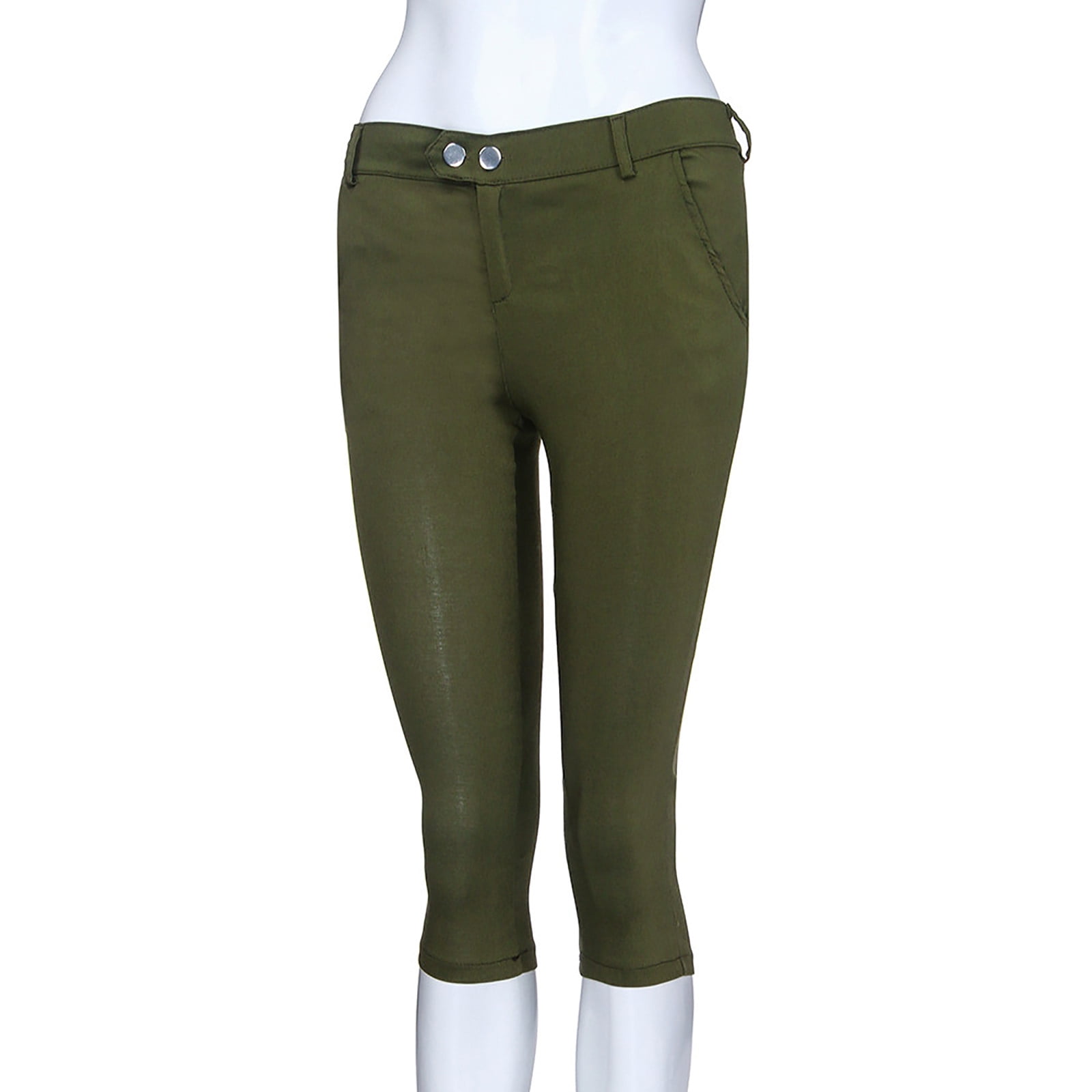 SBYOJLPB Fashion Women Plus Size Solid Button Zipper Casual Pants  Calf-Length Trousers Army Green 6(M) 