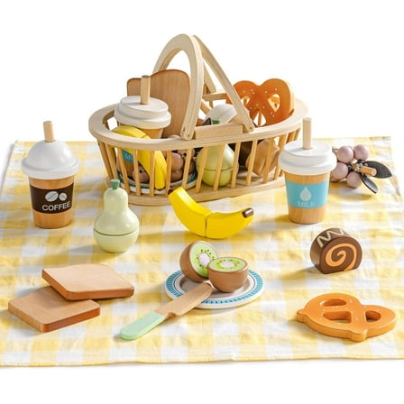 Robud Wooden Play Food for Kids, Picnic Cutting Fruit for Toy Kitchen Accessories, Picnic Basket Toy Set with Realistic Play Food, Develop STEM & Make, Montessori Toys for Toddler 3 