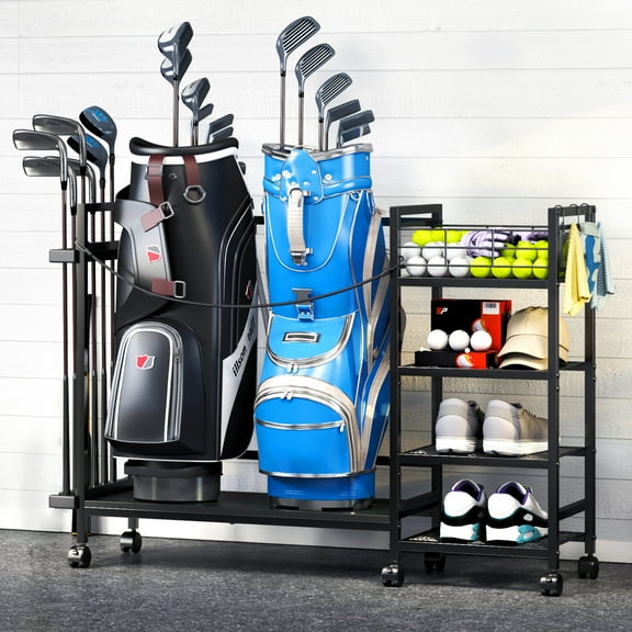 TC-HOMENY 4-Tier Golf Club Bag Storage Rack for Bags & Equipment Accessories, Freestanding Golf Bag Organizer Stand w/ 6 Convenient Lockable Mobile Wheels, Ideal for Home, Clubhouse, Basement, Black