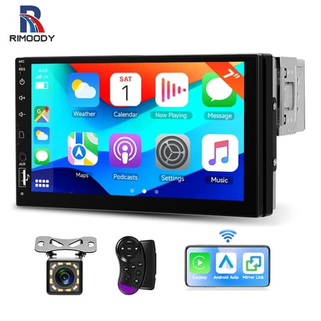 Rimoody Car Stereo Radio Single DIN 7 inch Touchscreen with Wireless Carplay&Android Auto Mirror Link SWC FM +Backup Camera/SWC