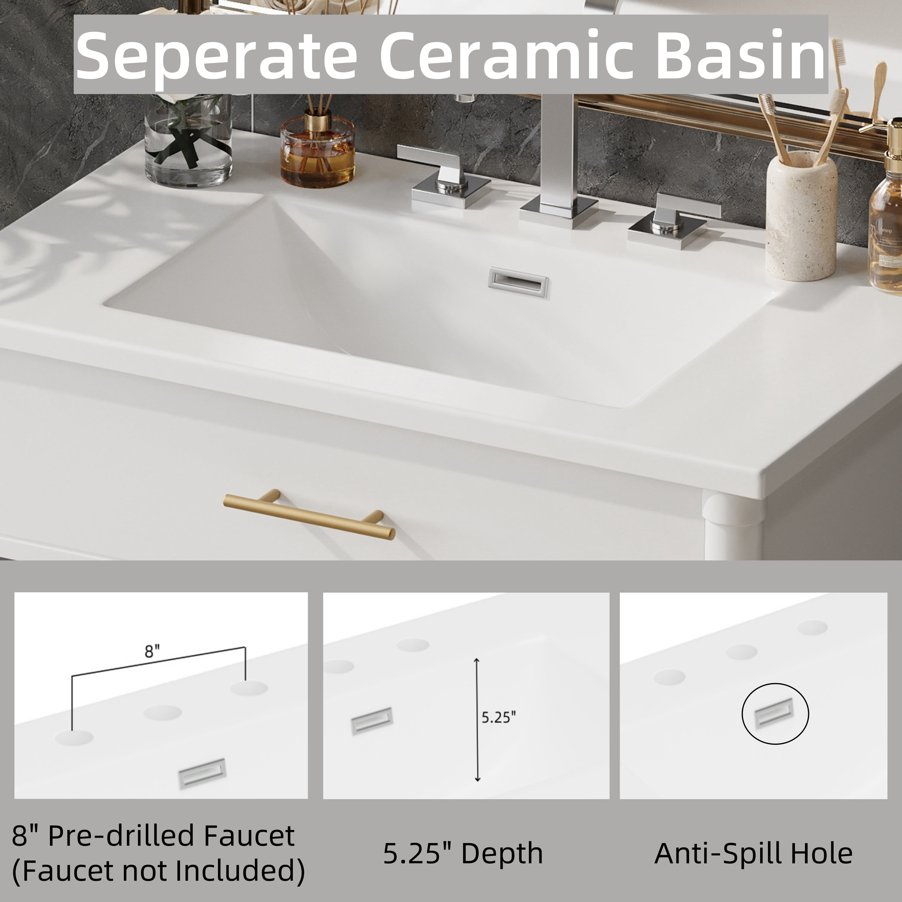 Euroco 31" Bathroom Vanity with Sink, Bathroom Cabinet with Soft Close Doors and Adjustable Shelf, Curved Profile Design, Rubber Wood Legs, White