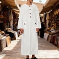 thumbnail image 2 of Hinvhai Men's round neck solid color buttoned cotton loose long sleeved robe for home and outdoor wear White M(M), 2 of 9