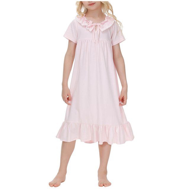 Vestido de Verano de Manga Corta Cuello Redondo Encaje Recorte Vestido Casual de Ropa de Casa 95% Algodón 5% Rayón para las Niñas, Camiseta de Primavera Vestido de Juego para Niños