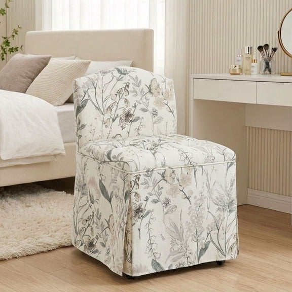 Dayalane Farmhouse Tufted Vanity Chair with Wheels, Linen Upholstered Skirted Slipper Makeup Accent Chair with Low Back & Metal Legs, Armless Rolling Desk Stool for Living BedroomFloral Pattern