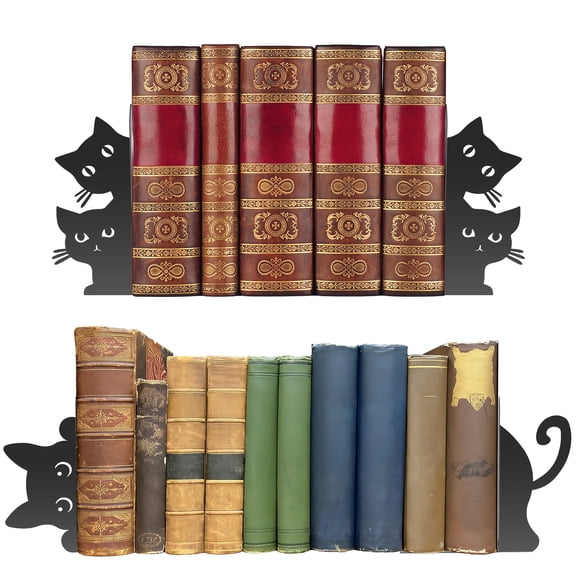 2 Pairs Peeping Cat Bookends for Shelves Decorative, Metal Book Ends for Heavy Books Book Stopper for Office Home Cute Desk Bookshelf Decor Cat Lover Gifts for Women (Black)