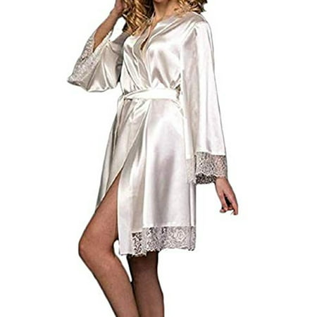 

Bowanadacles Women Satin Kimono Bridesmaid Silky Lace Bathrobe Night Gown Robe